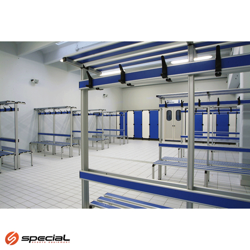 Klupa za svlačionice dvostrana sa naslonom, vješalicom i policom 2 m. Aluminijska  konstrukcija