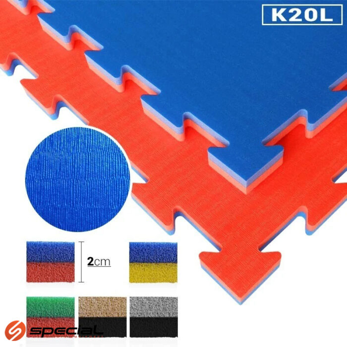 Tatami karate 100x100x2 cm, "puzzle" boje: zelene/crvena, crvena/plava, žuta/plava, crna/siva. 80 Kg/m3